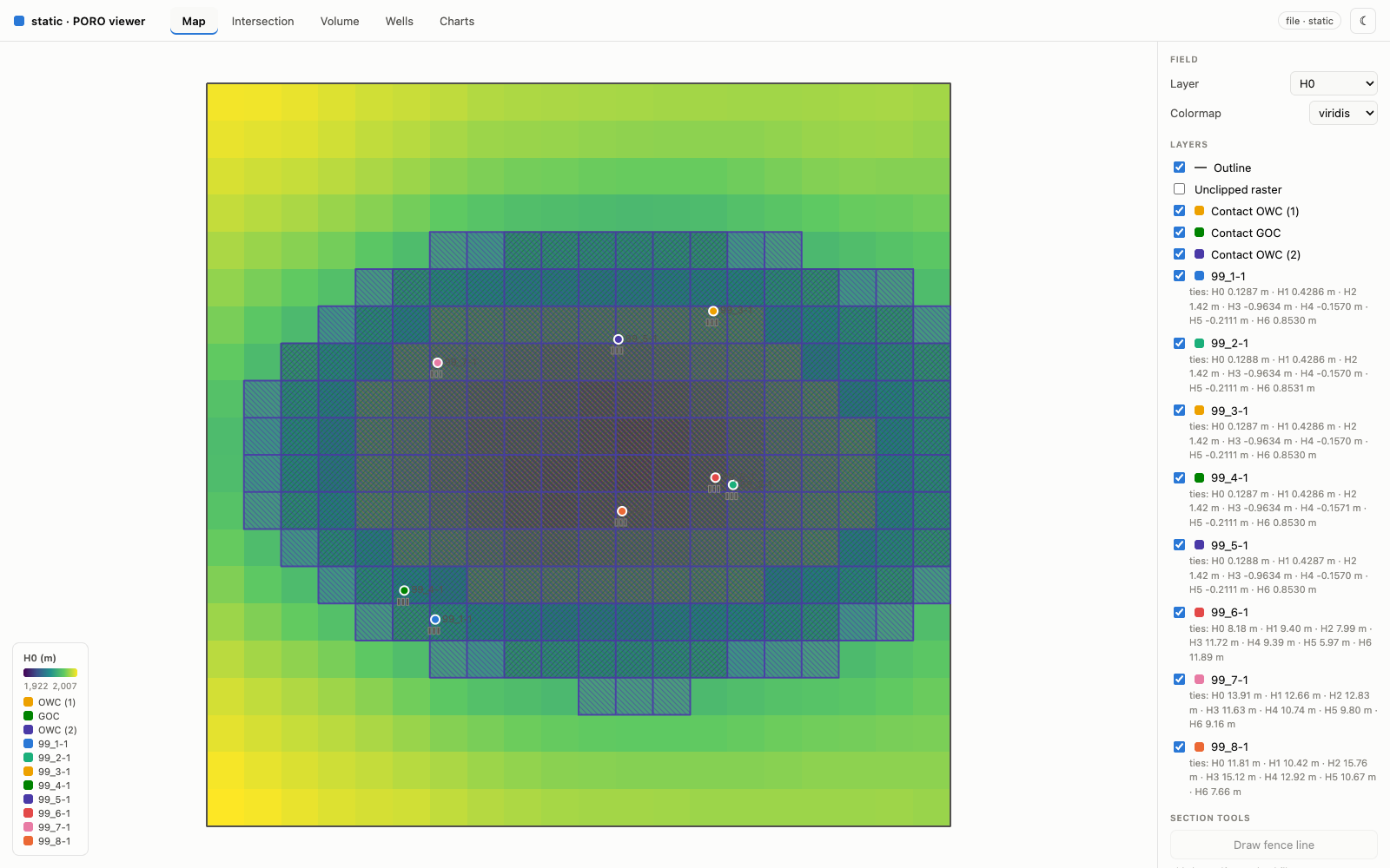 Map tab: areal depth raster with outline, contact subcrop masks and well markers